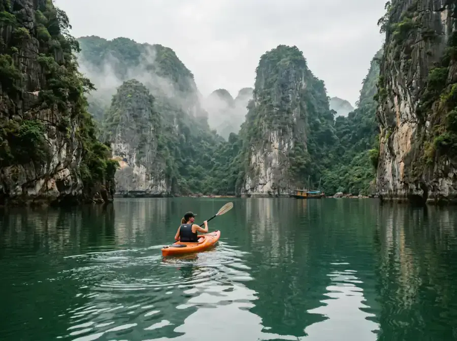 Traveler kayaking through emerald limestone karsts and floating villages of Lan Ha Bay
