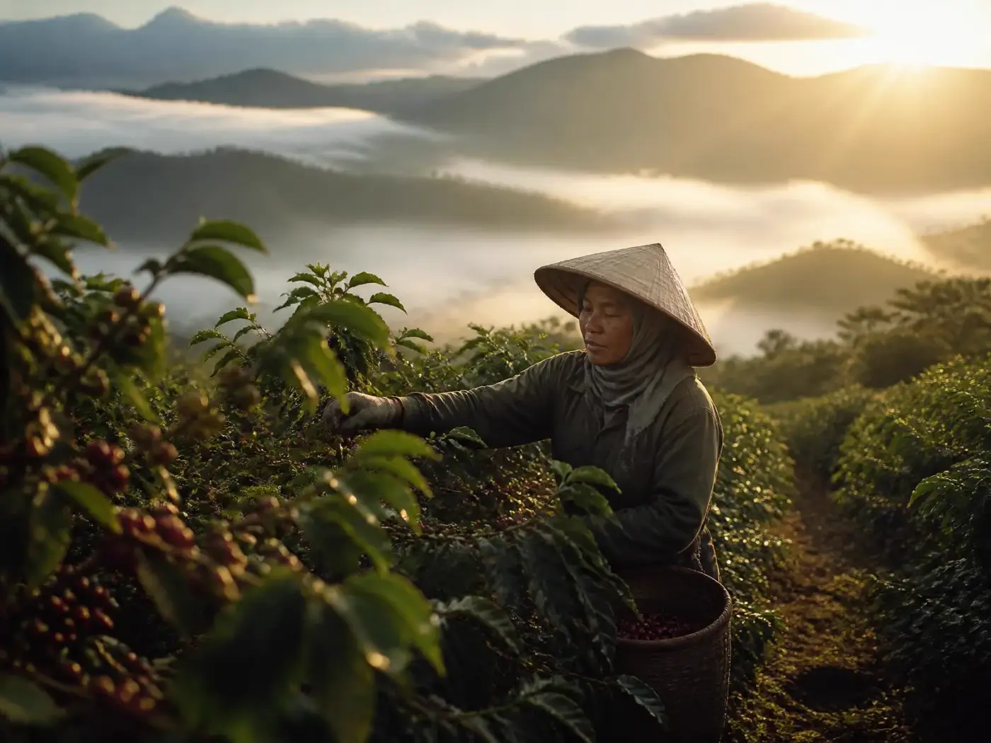 Coffee farmer picking ripe cherries on a misty highland plantation at sunrise