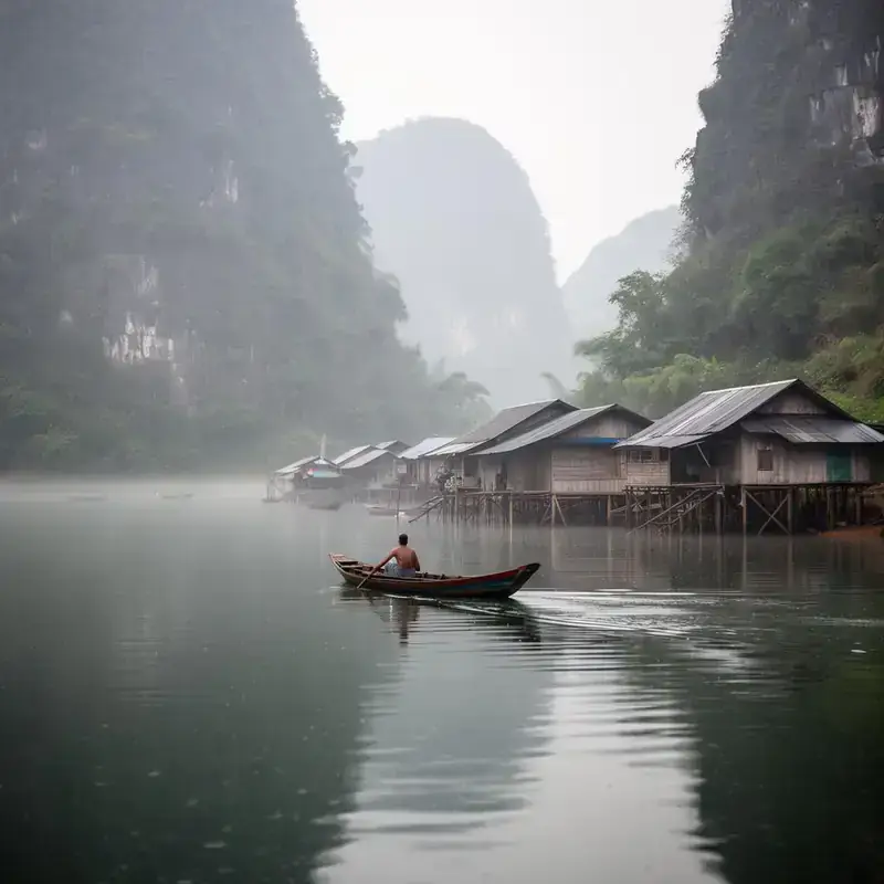 Ba Be Lake at dawn with wooden boat and karst cliffs