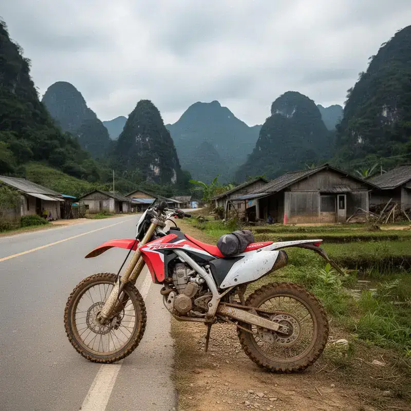 Honda style dirt bike on a remote Northeast Vietnam village road