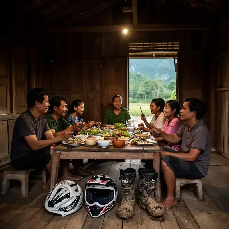 Tay family homestay dinner with riding helmets near the doorway