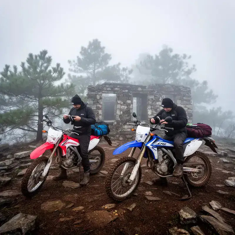 Honda and Yamaha style enduro bikes at misty Mau Son mountain ruins