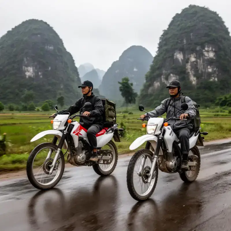 Honda and Yamaha style enduro riders in Cao Bang limestone valley