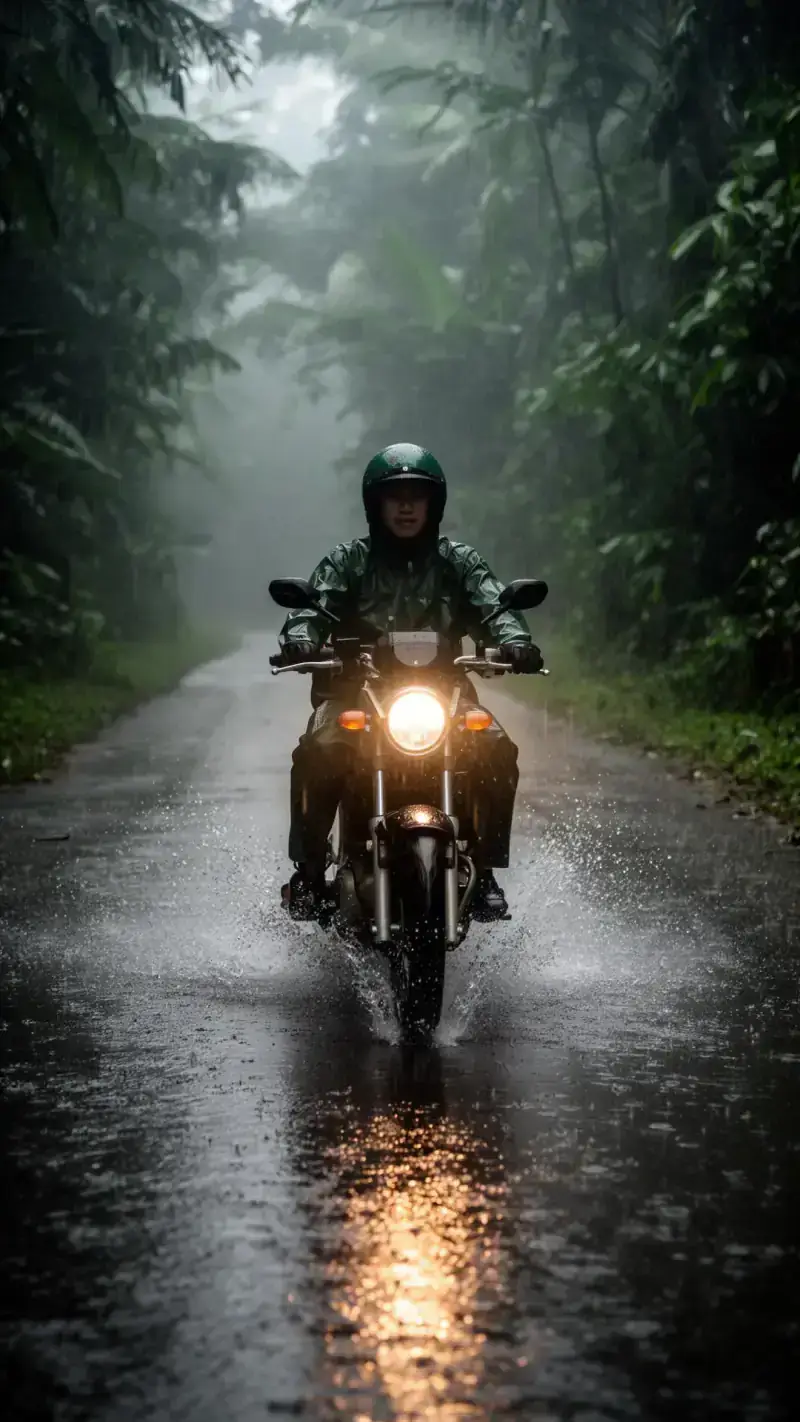 Rider in monsoon rain
